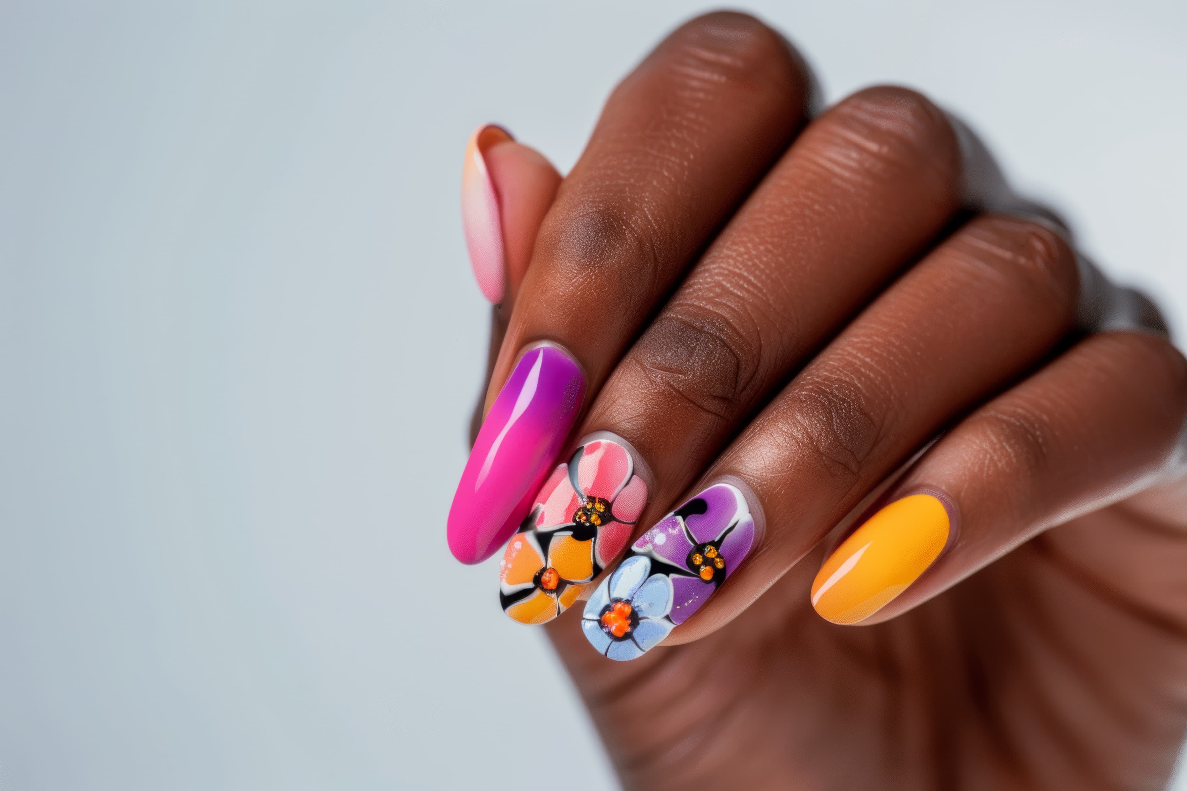 Close-up of a detailed nail art set